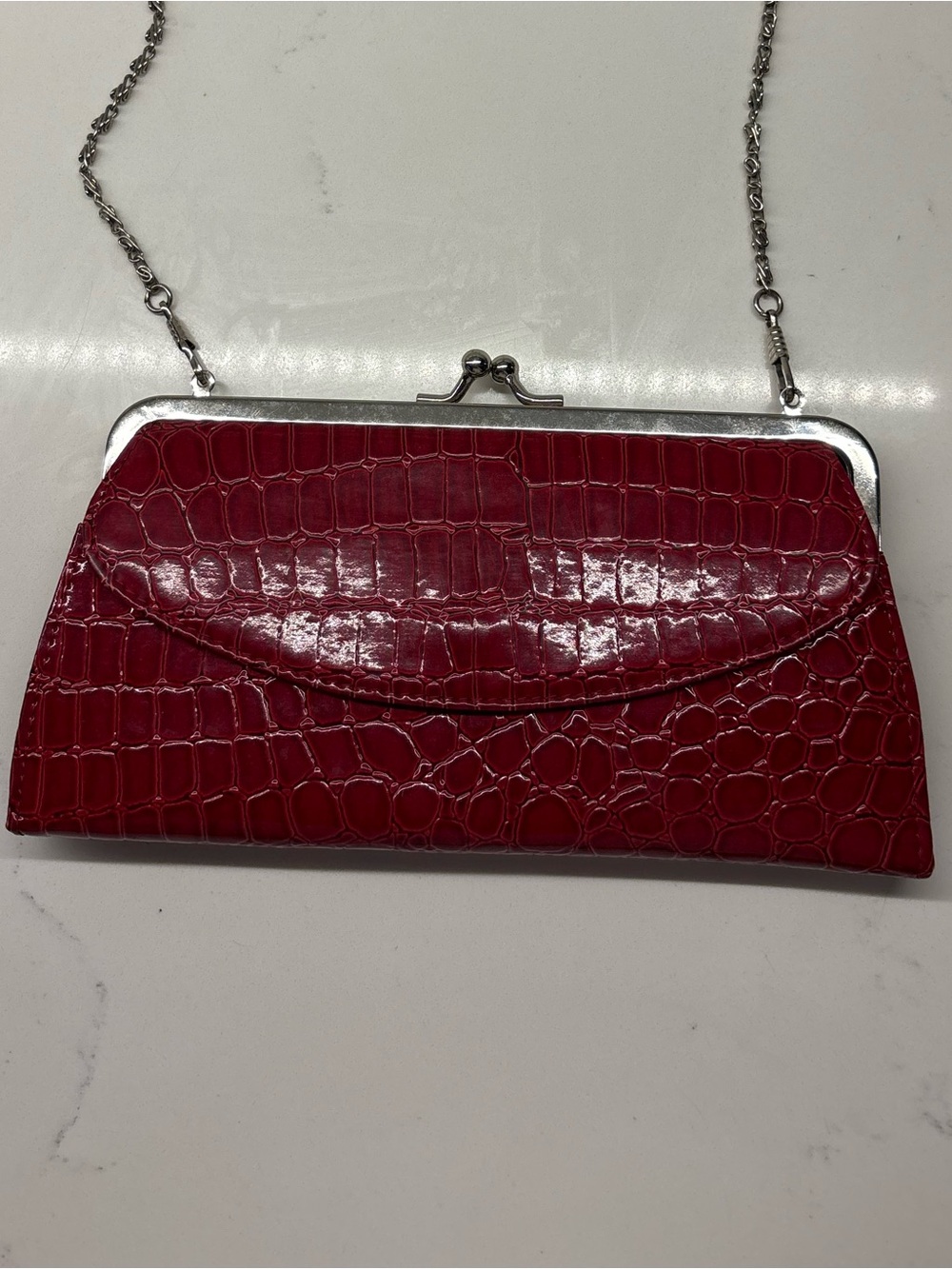 Red Croc-Embossed Chain Clutch